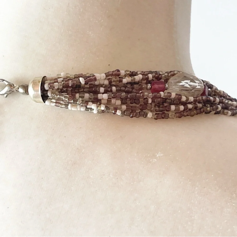 Beautiful 10 Strand Beaded Abalone Silver Tone Pendant Necklace Vintage - Picture 7 of 13